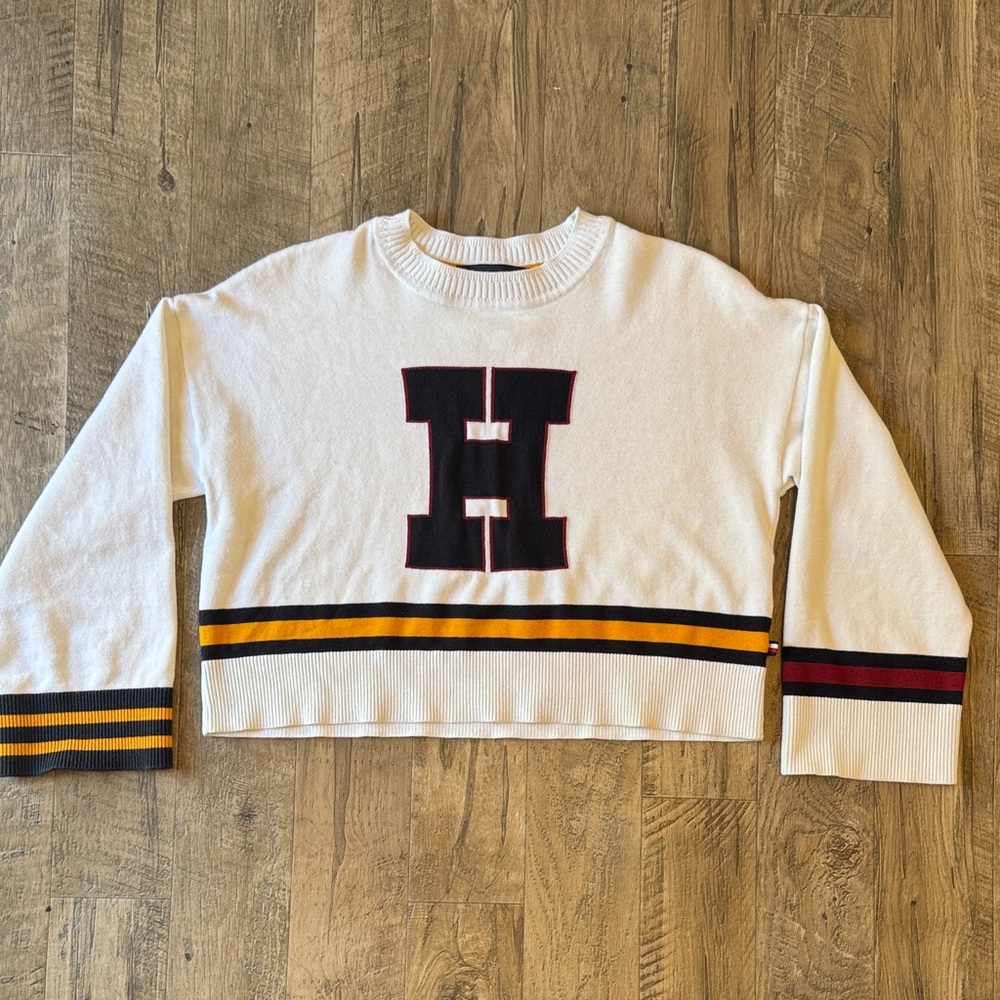 Tommy Hilfiger - White Sweater with Blue Red and Yellow Accents - Size XS *